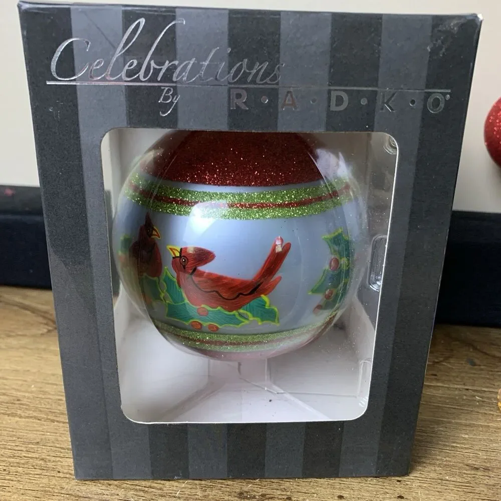 Radko Glass Christmas Ornaments Red Cardinal Holly & Boot Hand Painted